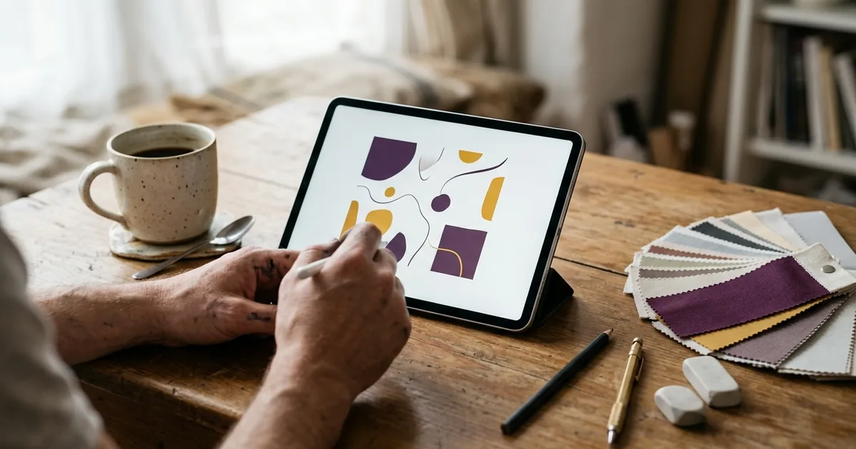 A digital tablet showing a graphic design project next to a coffee cup and a color palette on a wooden desk.