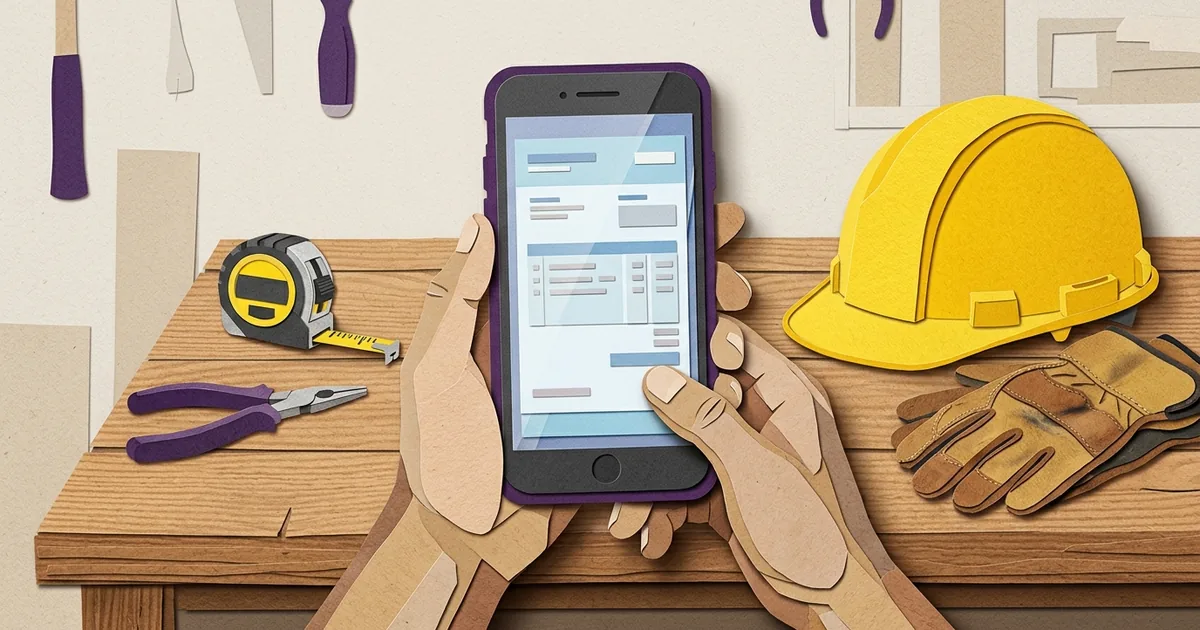 A contractor looking at an invoice on a mobile phone at a construction site.