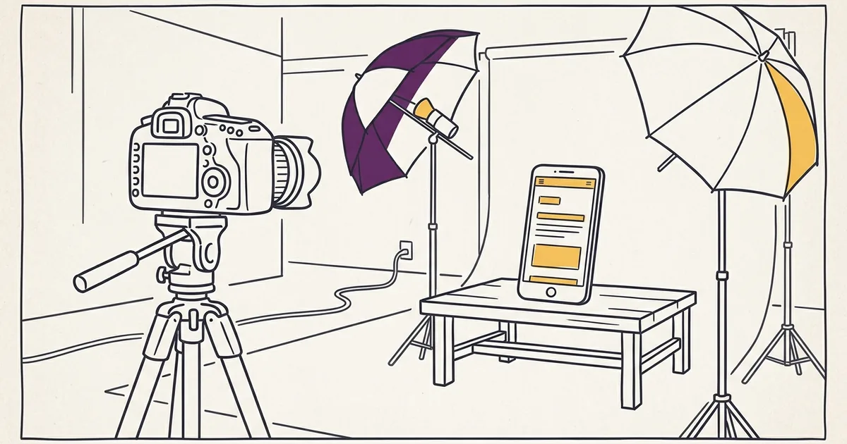 A photographer holding a camera in one hand and a smartphone showing an invoice screen in the other.