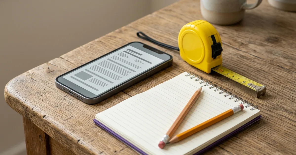Un teléfono inteligente mostrando un documento comercial junto a una cinta métrica y una libreta en una mesa de madera.