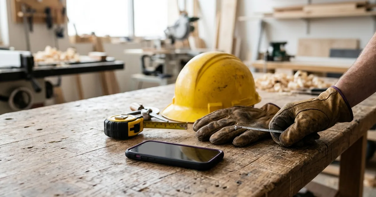 Un teléfono inteligente mostrando una factura junto a un casco de contratista y herramientas en una mesa de madera.