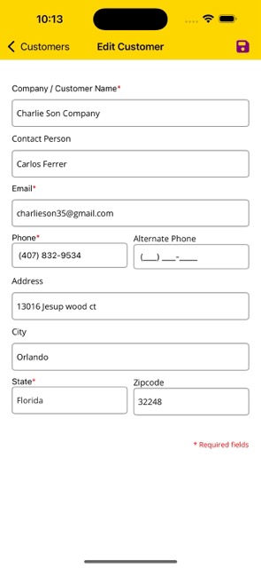 Edit Customer Form Screen