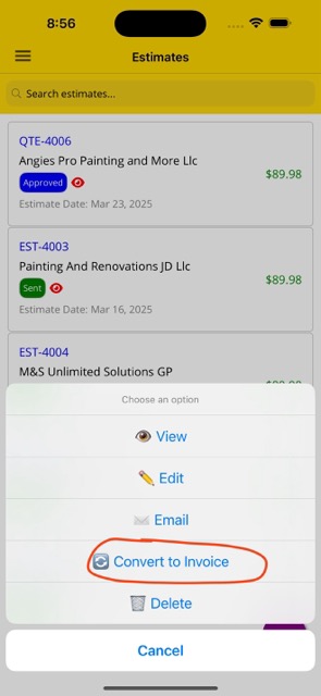 Convert Estimate to Invoice