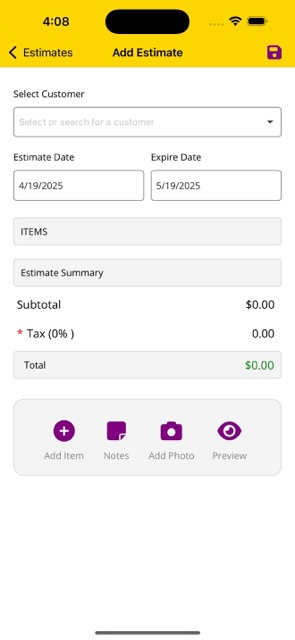 Create Estimate Screen