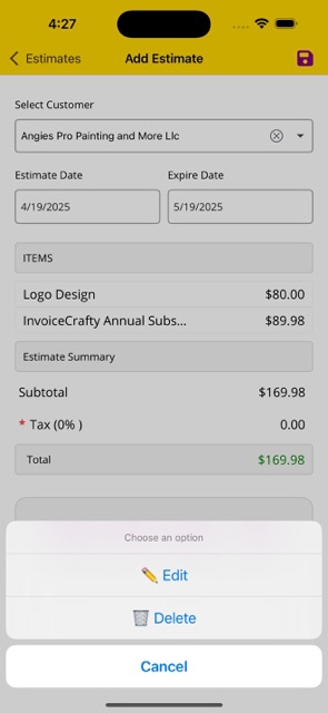 Estimate Item Options