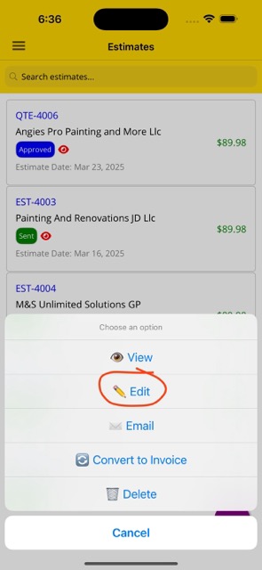 Edit Estimate Option from List