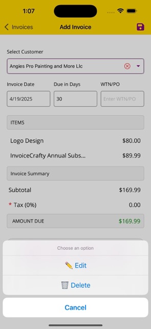 Invoice Item Options