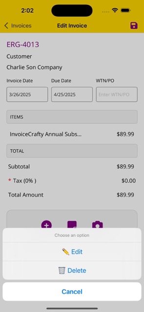 Edit or Delete Invoice Item